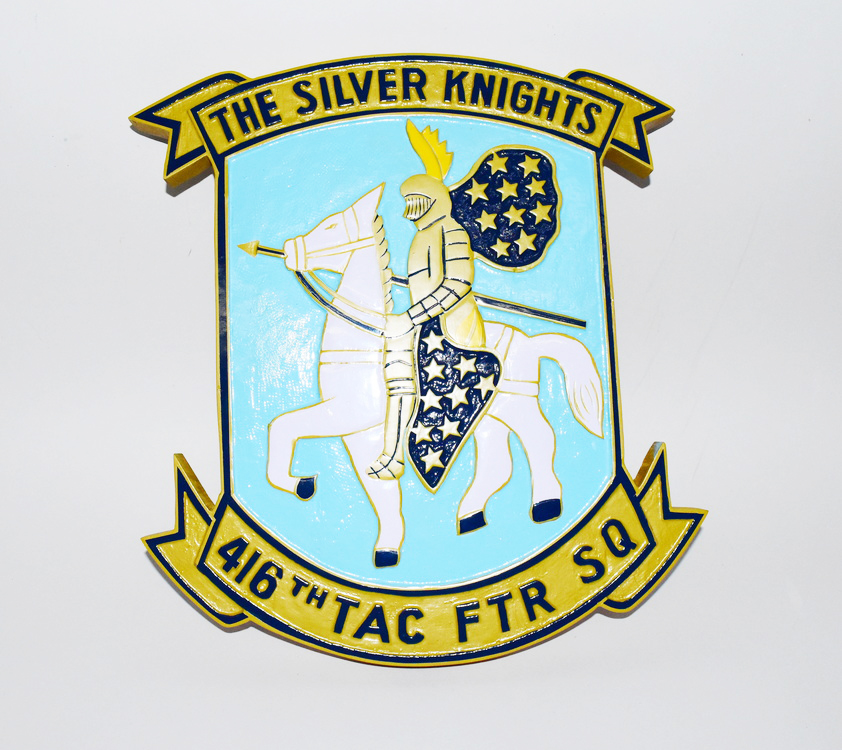 416th Tactical Fighter Squadron, The Silver Knights, 14 inch Mahogany Plaque